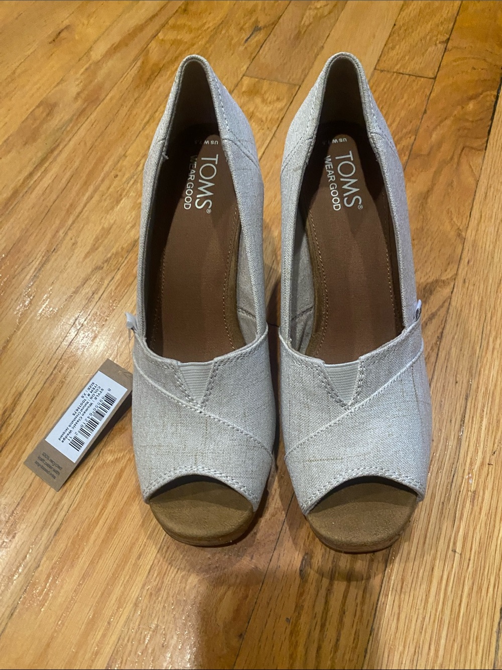 TOMS Linen Peep-Toe Wedge Pumps in Light Beige